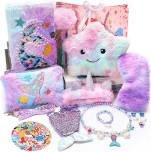 73Pcs Mermaid Gifts for Girls 5 6 7 8 9 10  Years Old Birthday Valentine's Day Mermaid Toy with Light Up Plush Star Pillow Diary Purse Jewelry Girl Toys Birthday for Toddler and Daughter