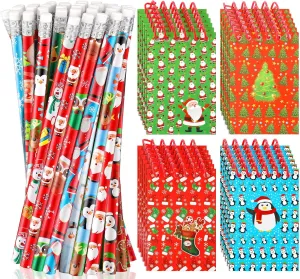 96 Pcs Christmas Notebook and Pencils with Erasers Gifts Bulk Small Pocket Notebook Mini Memo Pad Xmas Pencils with Snowman Santa Claus Christmas Tree Design for Kids Party Favor Stocking Stuffers