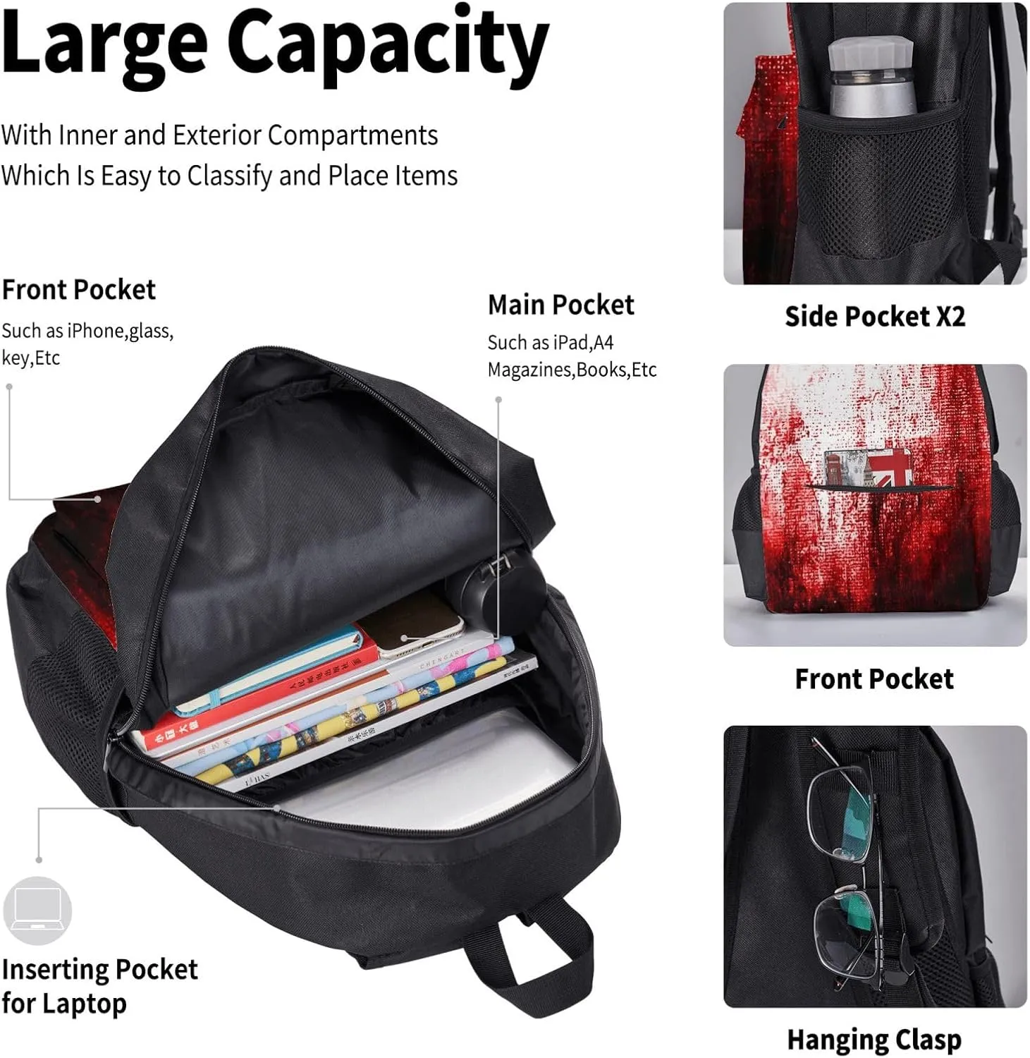 Abstract Bloody Multifunctional Pocket Backpack Crossbody Lunch Bag Pencil Case 3Pcs Set Large Capacity Backpack
