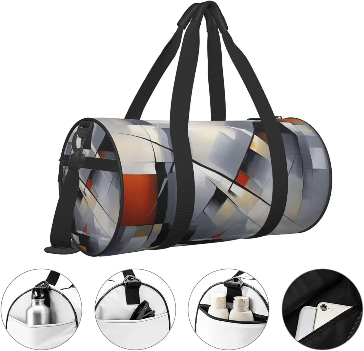 Abstract Gray Printed Travel Bag,Round Personal Item Storage bag,Foldie Duffel Bag for Traveling Vacation,Fitness,Sports