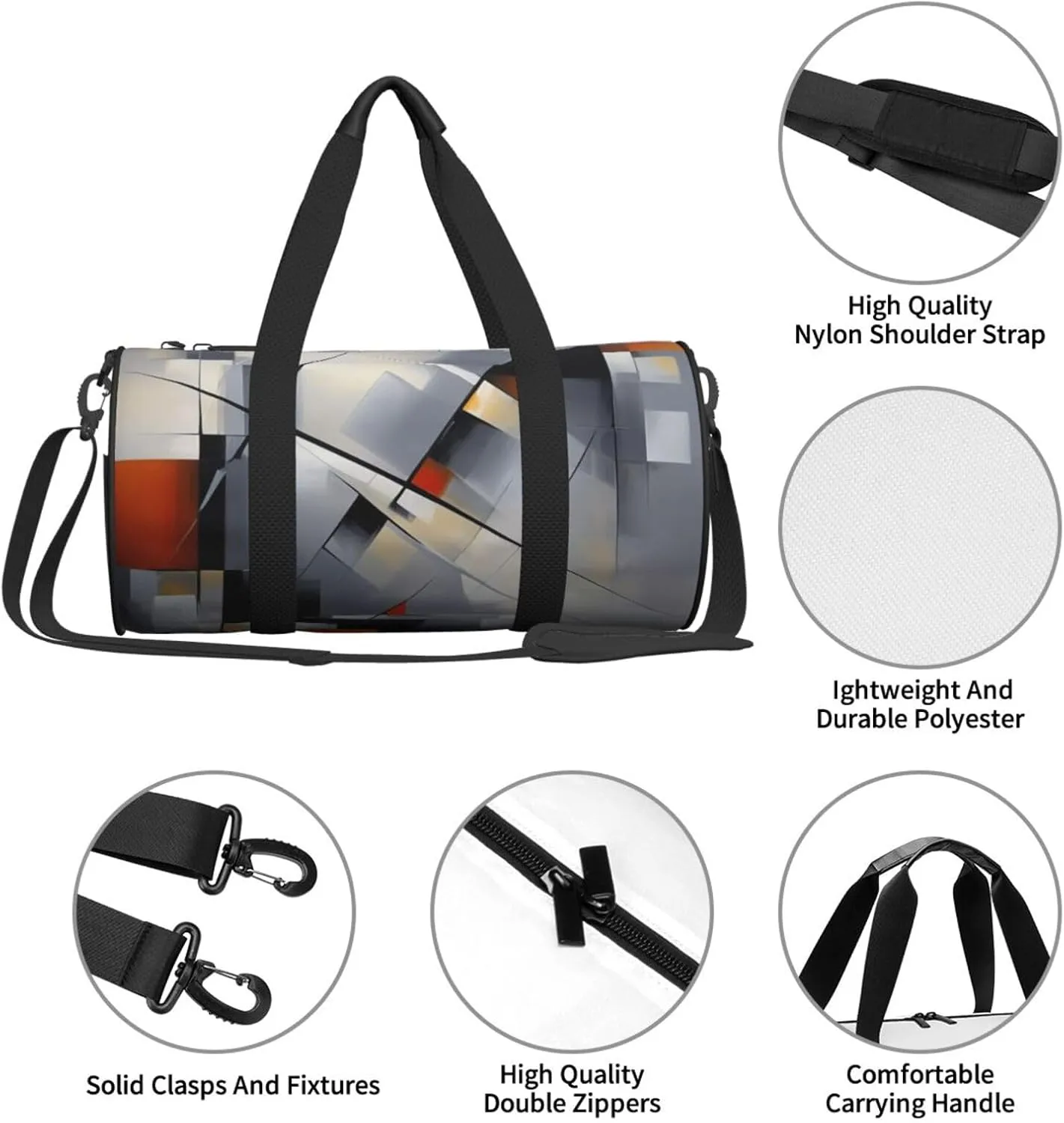 Abstract Gray Printed Travel Bag,Round Personal Item Storage bag,Foldie Duffel Bag for Traveling Vacation,Fitness,Sports