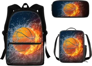 AFPANQZ Basketball with Fire Water Backpack Bookbags for Teen Kids Lightweight Lunch Bags Pencil Case Stationery Pouch 3 Pack School Supplies Mulit Pockets Daypack Large Capacity