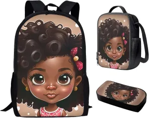 African Back Girl Backpack Kids Girls Age 9-12/13-15 Year Old,American Afro School Bags Set Lunch Box Kindergarten/Primary/Elementary Student Bookbag Pencil Case