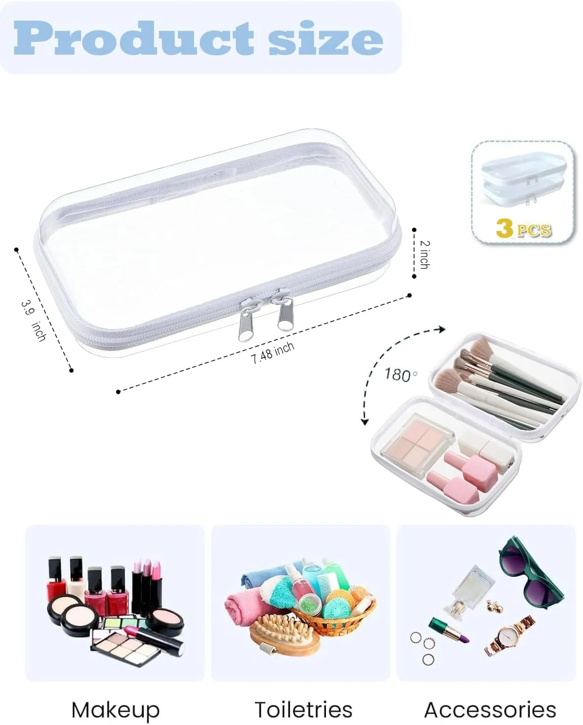 Aimery 3 Pack Clear Hard Shell Zipper Case, Waterproof Hard Plastic Zipper Pouch,Portable Clear Travel Makeup Case,Toiletry & Cosmetic Bag, Storage Pouch For Snacks Toy