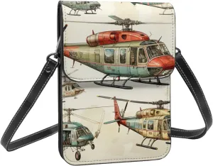 Aircraft helicopters aviation cartoon vintage crossbody cell phone purse for womens lightweight small soft leather fashion travel wallet with adjustable strap