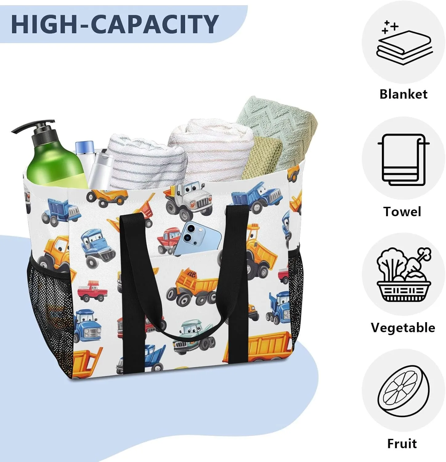 ALAZA Cartoon Cars Transport Waterproof Beach Tote Bags