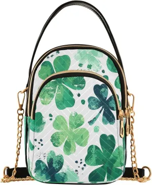 ALAZA Chain Crossbody Bags for Women Clover Green Watercolor Four Leaf Quilted Shoulder Crossbody Handbags Travel Cross Body Cell Phone Purses Bags