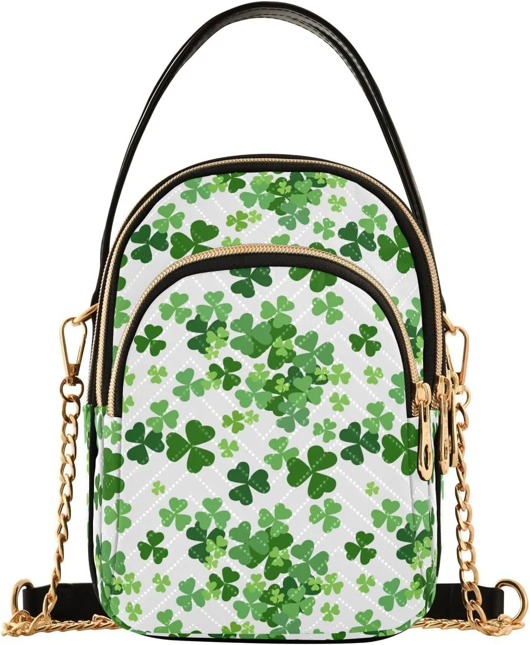 ALAZA Chain Crossbody Bags for Women Clover Leaves Shamrock Leaf Luck Quilted Shoulder Crossbody Handbags Travel Cross Body Cell Phone Purses Bags