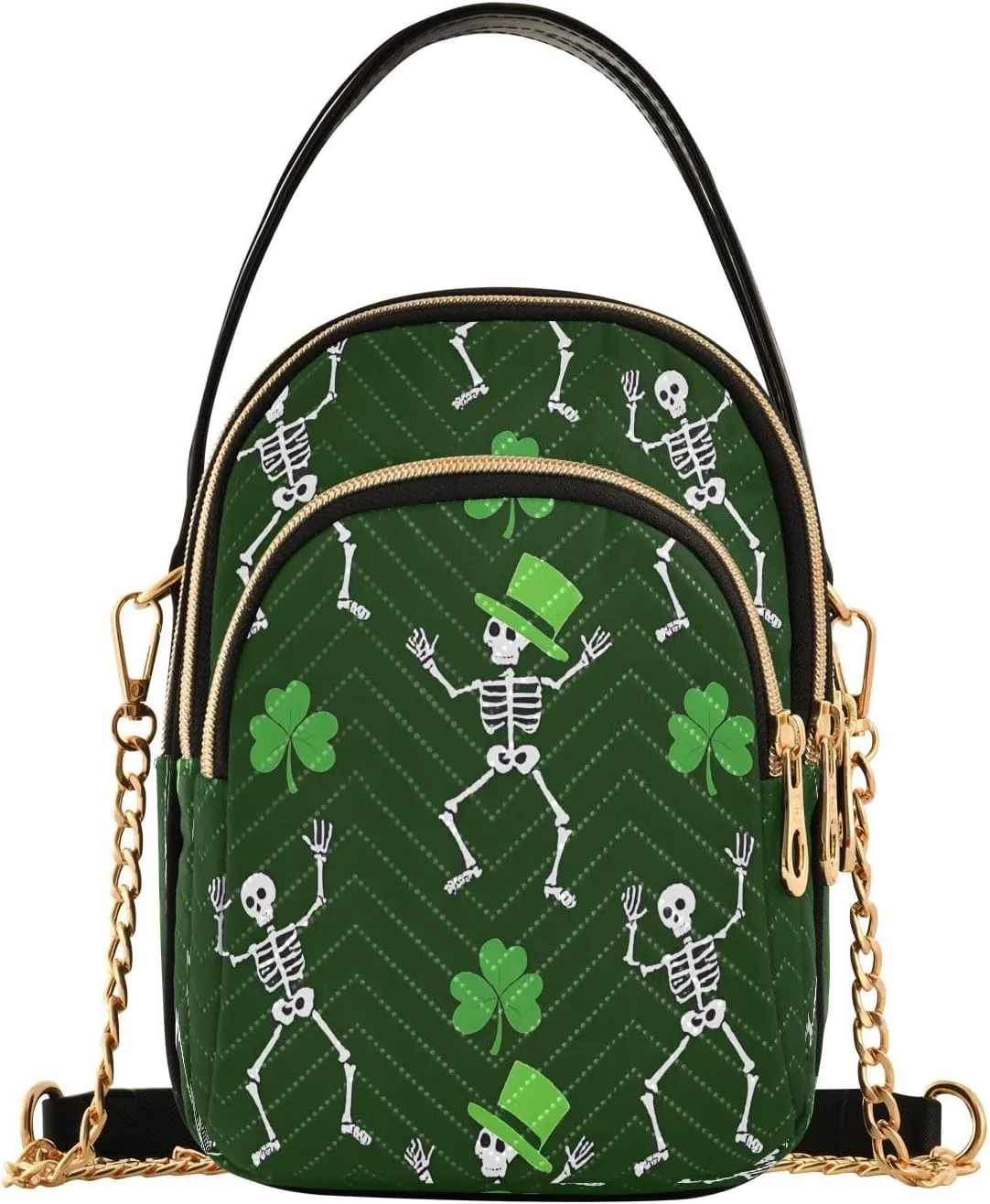 ALAZA Chain Crossbody Bags for Women Clover Shamrock Leaves Skeleton Quilted Shoulder Crossbody Handbags Travel Cross Body Cell Phone Purses Bags