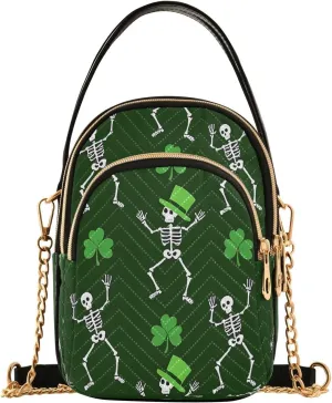 ALAZA Chain Crossbody Bags for Women Clover Shamrock Leaves Skeleton Quilted Shoulder Crossbody Handbags Travel Cross Body Cell Phone Purses Bags