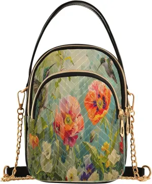ALAZA Chain Crossbody Bags for Women Hummingbird Garden Flowers Quilted Shoulder Crossbody Handbags Travel Cross Body Cell Phone Purses Bags