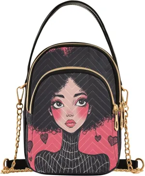ALAZA Chain Crossbody Bags for Women Woman with Black Explosive Hair Quilted Shoulder Crossbody Handbags Travel Cross Body Cell Phone Purses Bags