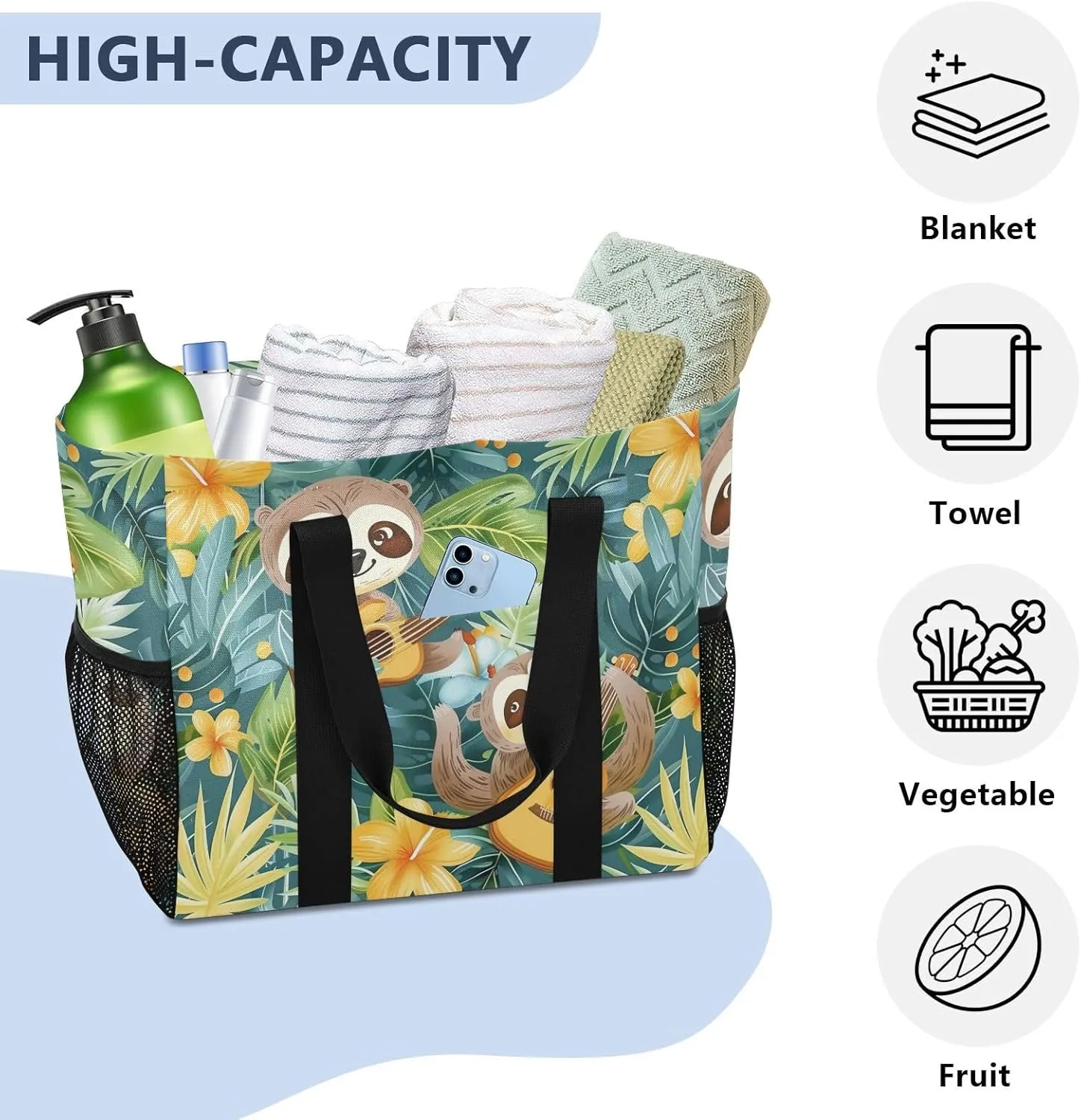 ALAZA Cute Sloth and Palm Leaves Seamlee Waterproof Beach Tote Bags
