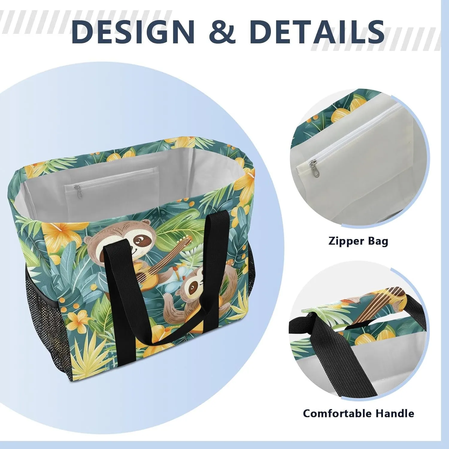 ALAZA Cute Sloth and Palm Leaves Seamlee Waterproof Beach Tote Bags