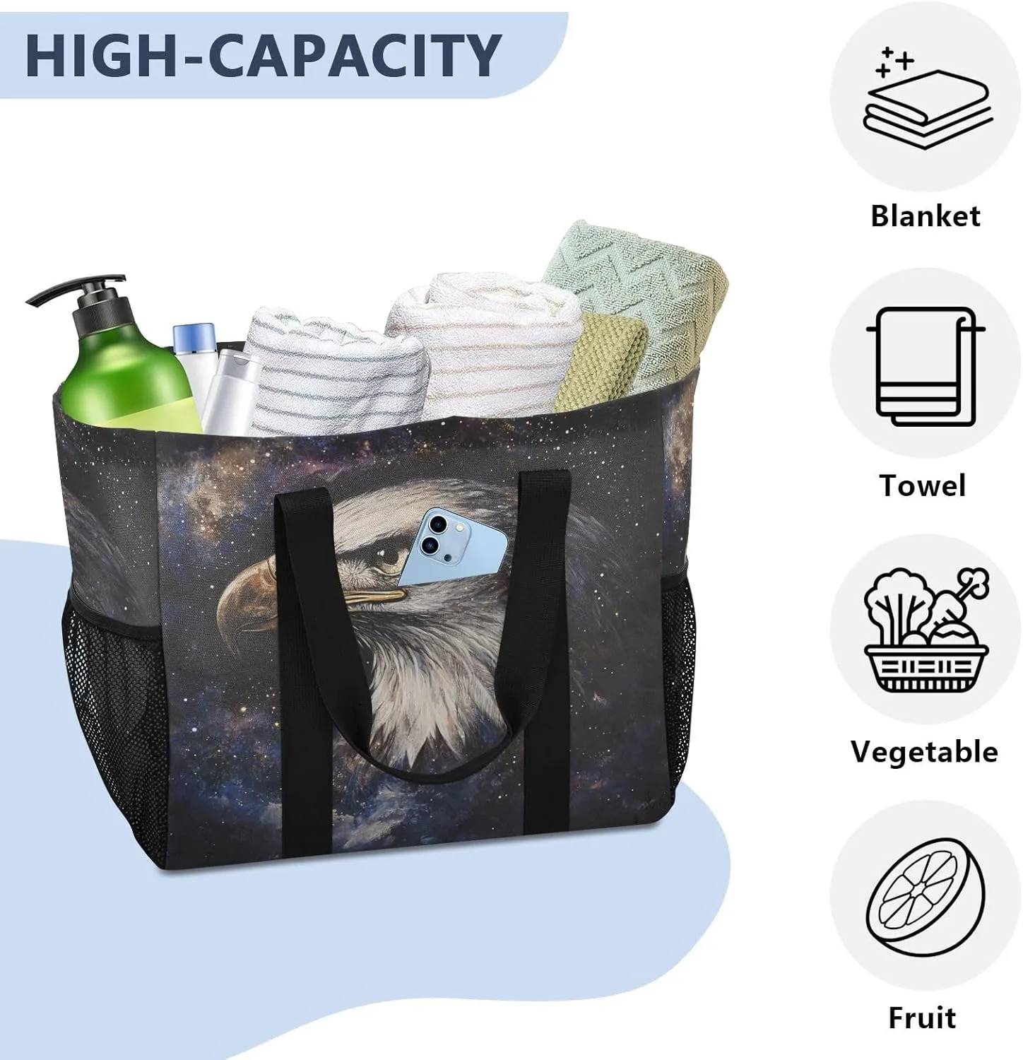 ALAZA Eagles Star Independence Day Waterproof Beach Tote Bags