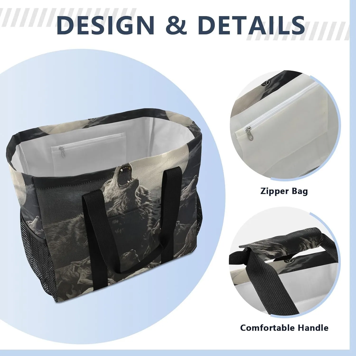 ALAZA Fire Water Wolf on Black Waterproof Beach Tote Bags