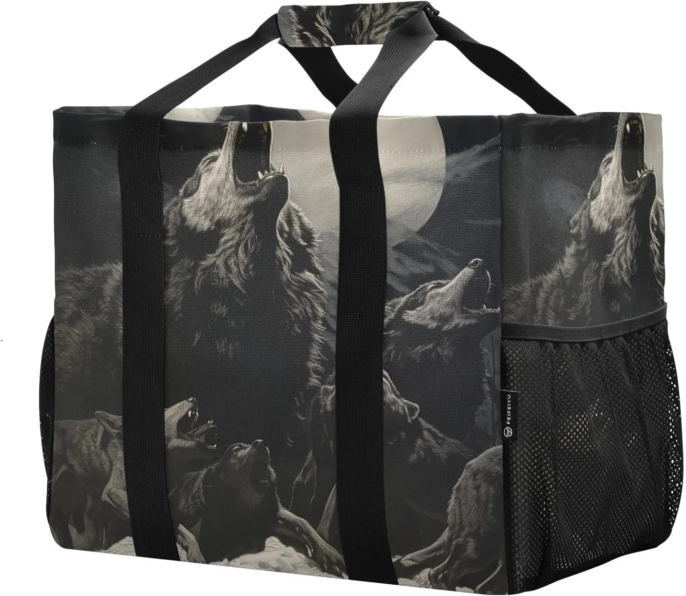 ALAZA Fire Water Wolf on Black Waterproof Beach Tote Bags