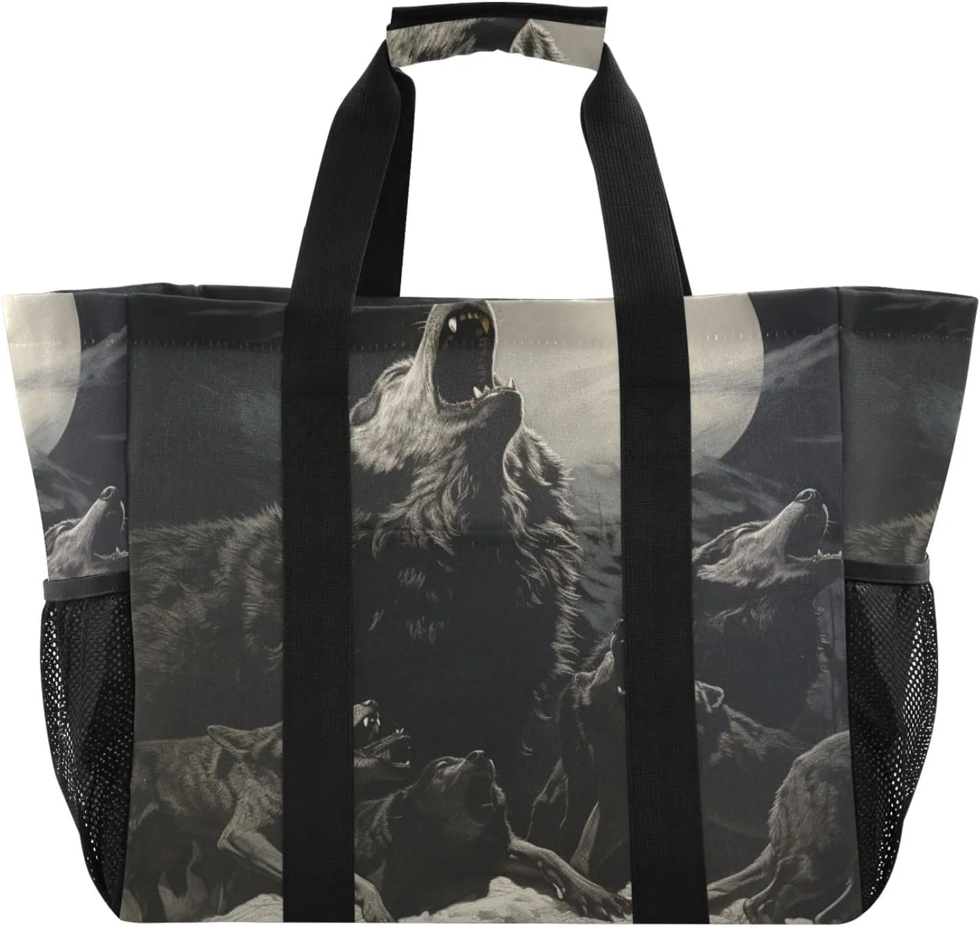 ALAZA Fire Water Wolf on Black Waterproof Beach Tote Bags