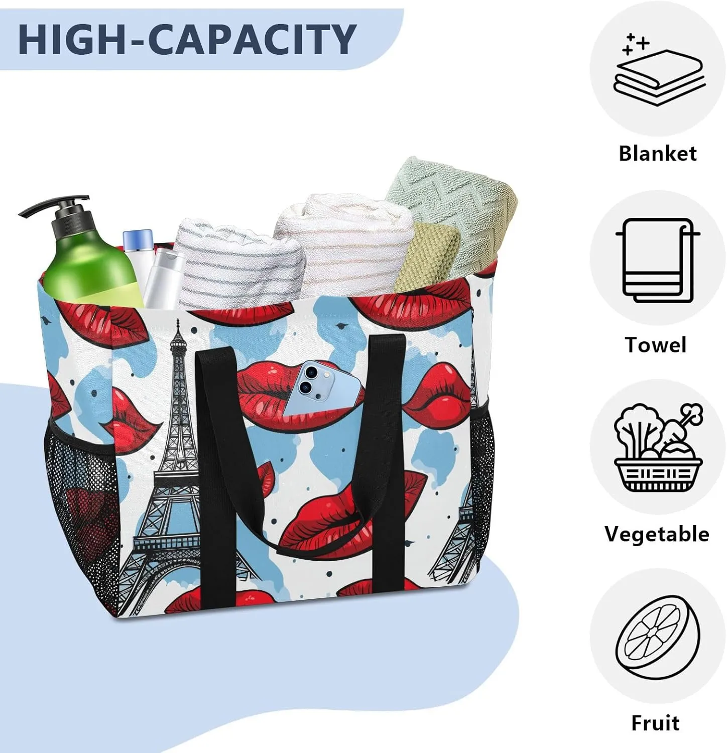 ALAZA Paris Eiffel Tower Red Lips Waterproof Beach Tote Bags