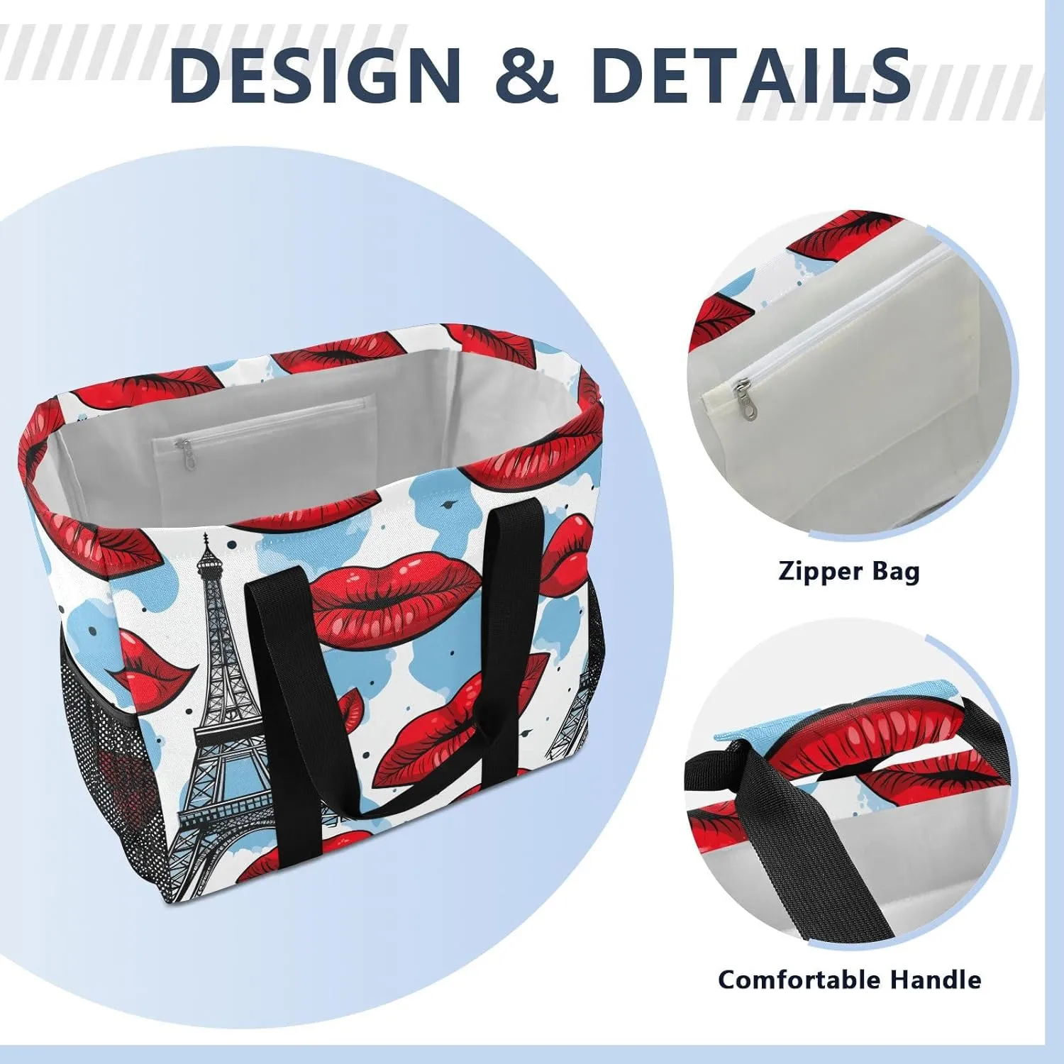ALAZA Paris Eiffel Tower Red Lips Waterproof Beach Tote Bags