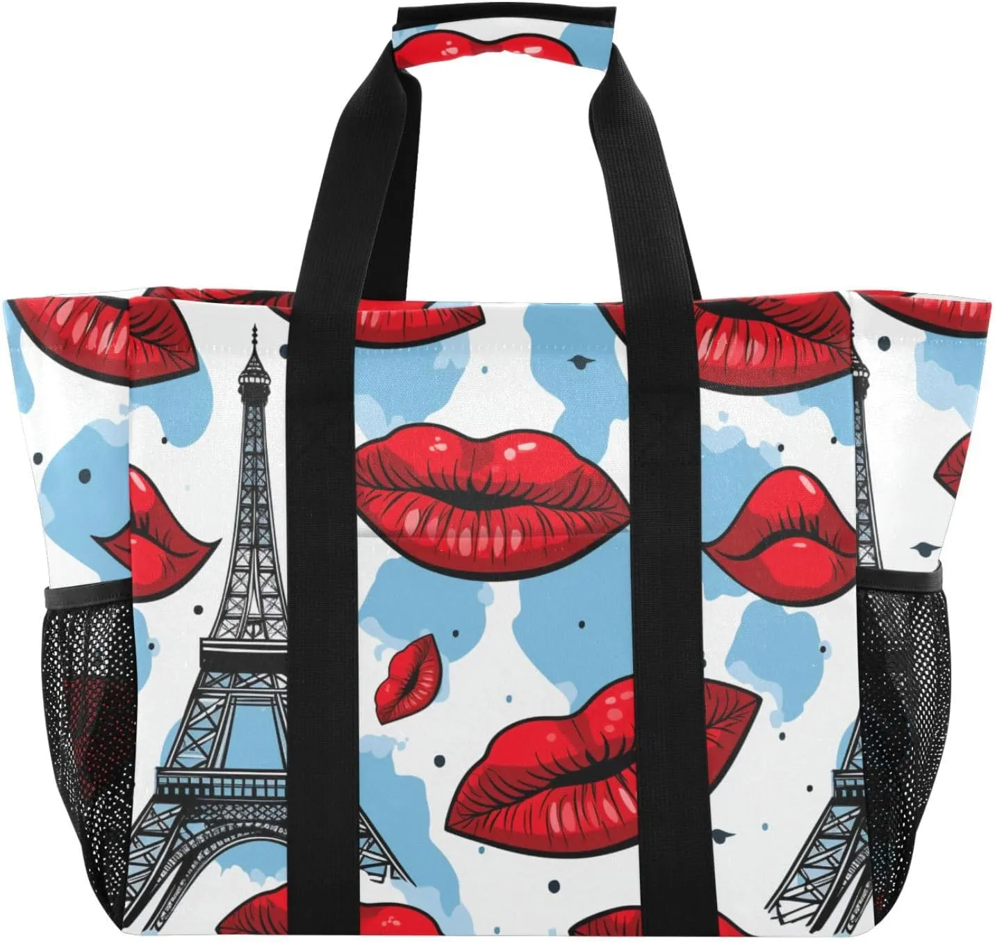 ALAZA Paris Eiffel Tower Red Lips Waterproof Beach Tote Bags