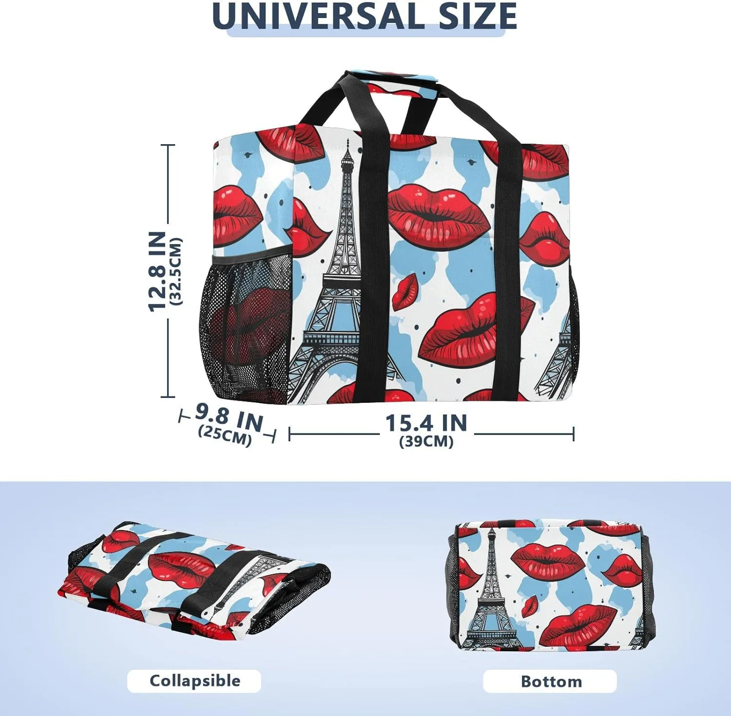 ALAZA Paris Eiffel Tower Red Lips Waterproof Beach Tote Bags