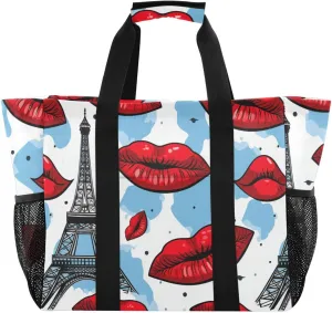ALAZA Paris Eiffel Tower Red Lips Waterproof Beach Tote Bags
