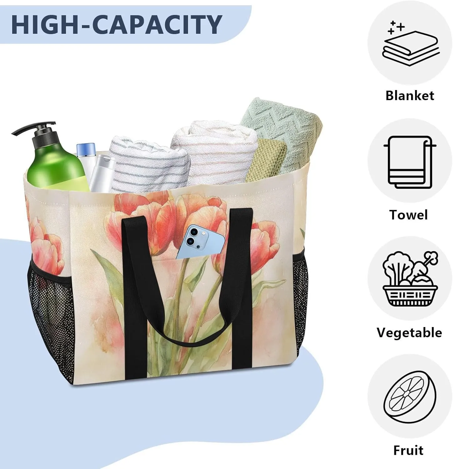 ALAZA Watercolor Colorful Tulips Waterproof Beach Tote Bags