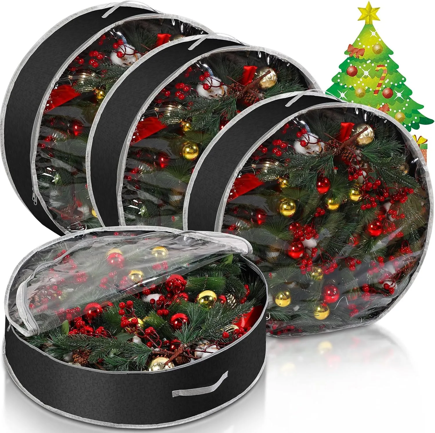 Aliceset 4 Pack Wreath Storage Containers, Storage Bags with Window and Handles, Durable Decoration Box Holder for Holiday(36 x 36 x 7.8 Inch,Black)
