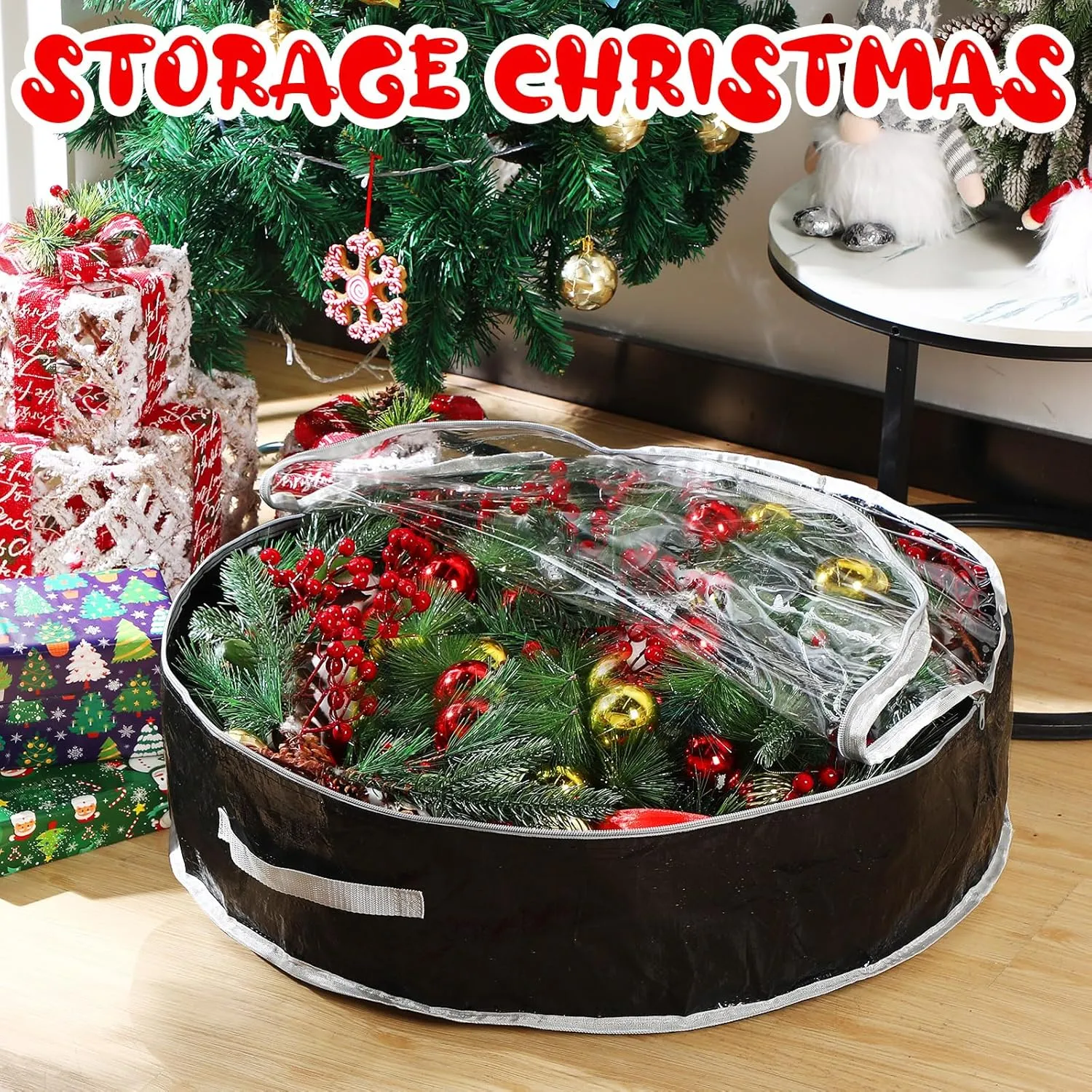 Aliceset 4 Pack Wreath Storage Containers, Storage Bags with Window and Handles, Durable Decoration Box Holder for Holiday(36 x 36 x 7.8 Inch,Black)