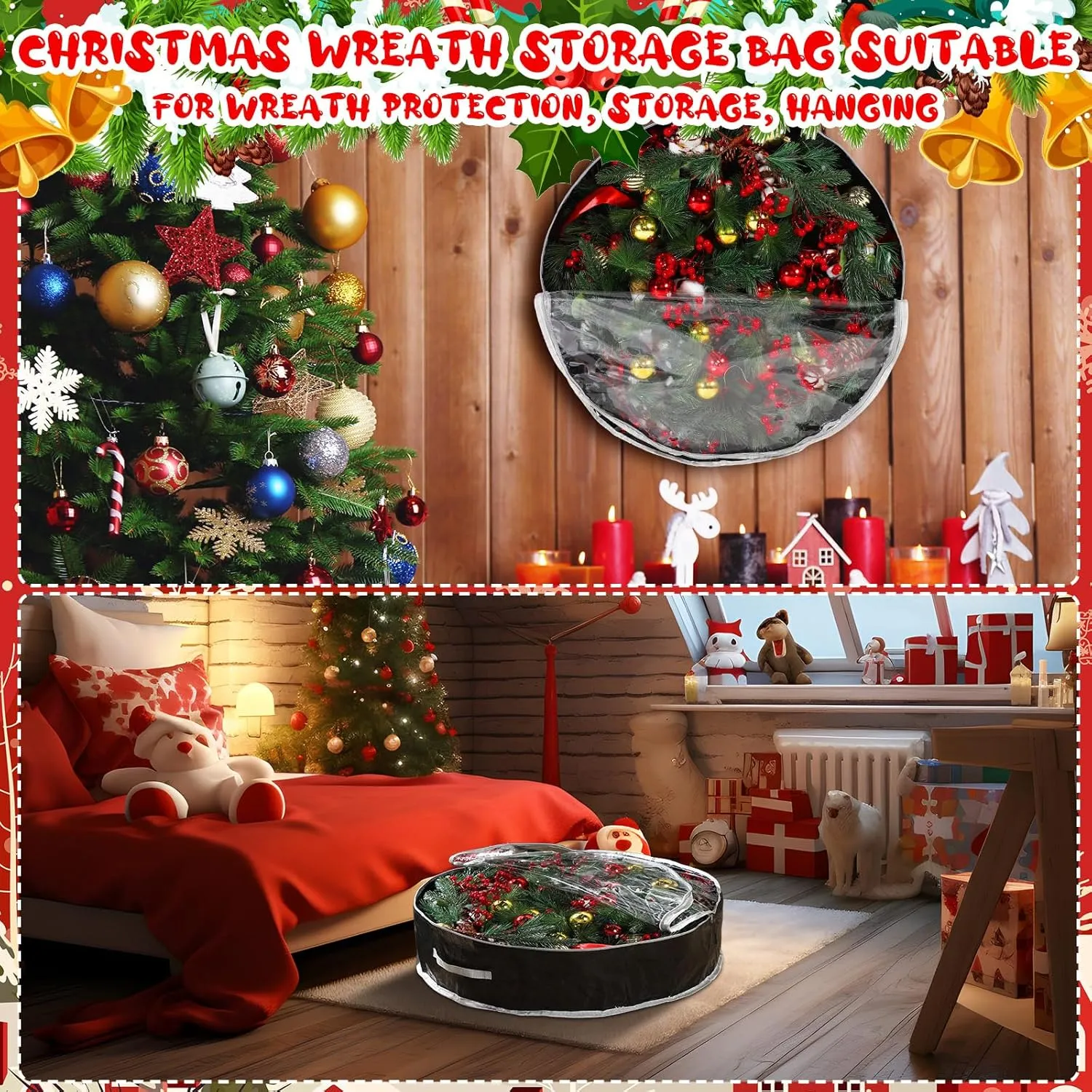 Aliceset 4 Pack Wreath Storage Containers, Storage Bags with Window and Handles, Durable Decoration Box Holder for Holiday(36 x 36 x 7.8 Inch,Black)