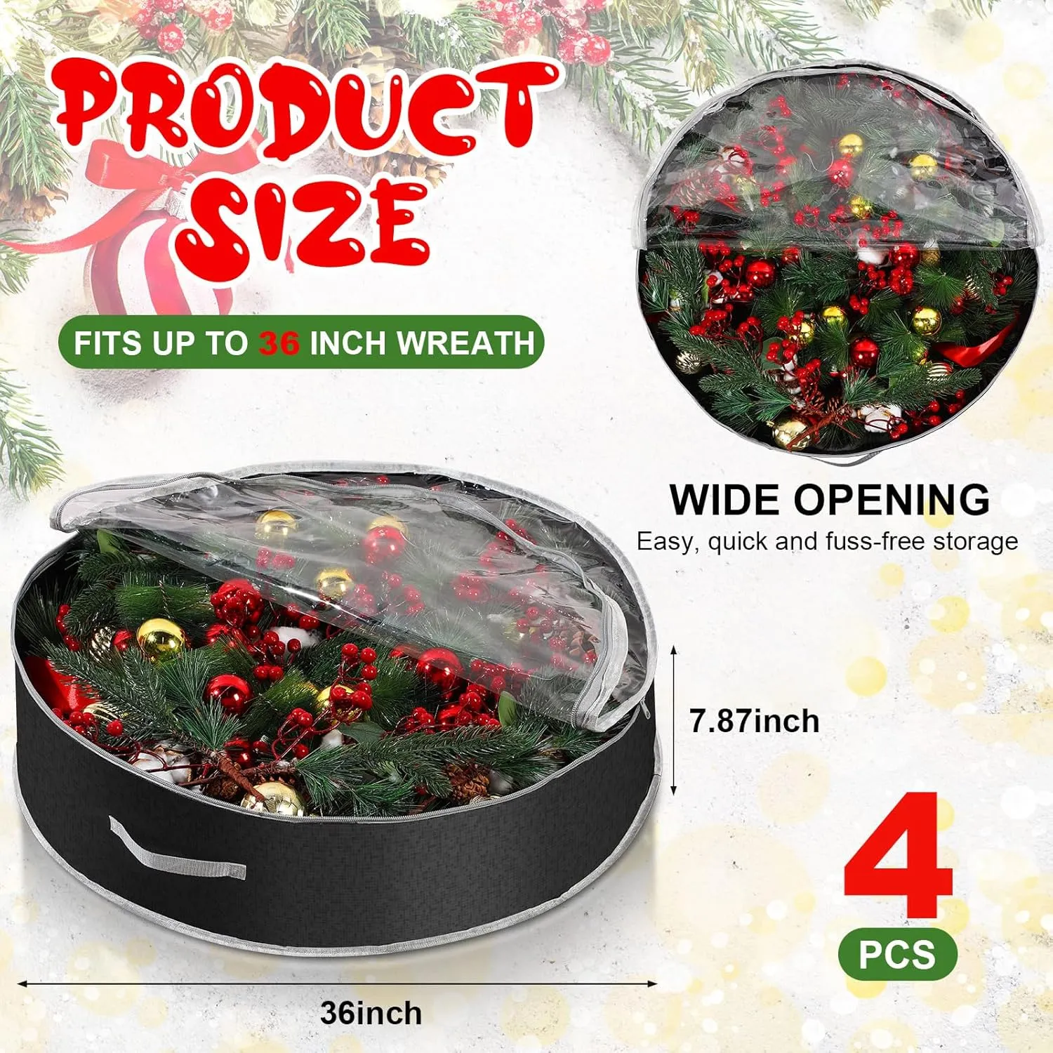 Aliceset 4 Pack Wreath Storage Containers, Storage Bags with Window and Handles, Durable Decoration Box Holder for Holiday(36 x 36 x 7.8 Inch,Black)