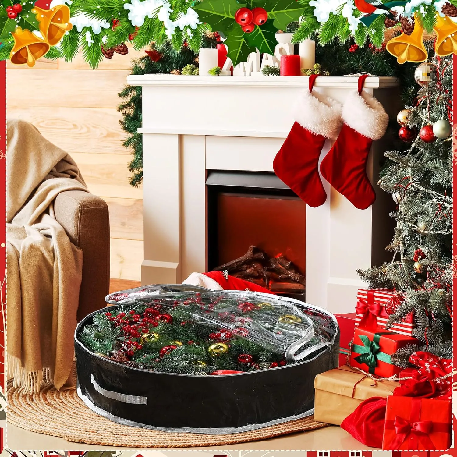 Aliceset 4 Pack Wreath Storage Containers, Storage Bags with Window and Handles, Durable Decoration Box Holder for Holiday(36 x 36 x 7.8 Inch,Black)