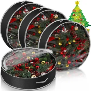 Aliceset 4 Pack Wreath Storage Containers, Storage Bags with Window and Handles, Durable Decoration Box Holder for Holiday(36 x 36 x 7.8 Inch,Black)