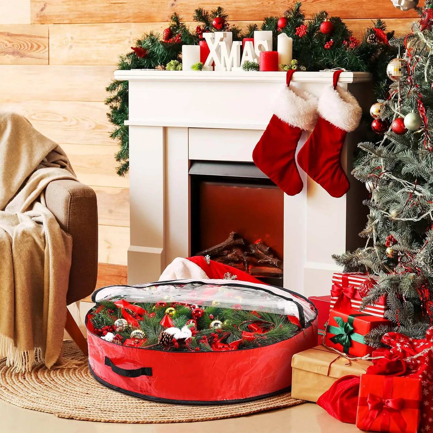 Aliceset 4 Pack Wreath Storage Containers, Storage Bags with Window and Handles, Durable Decoration Box Holder for Holiday(36 x 36 x 7.8 Inch,Red)