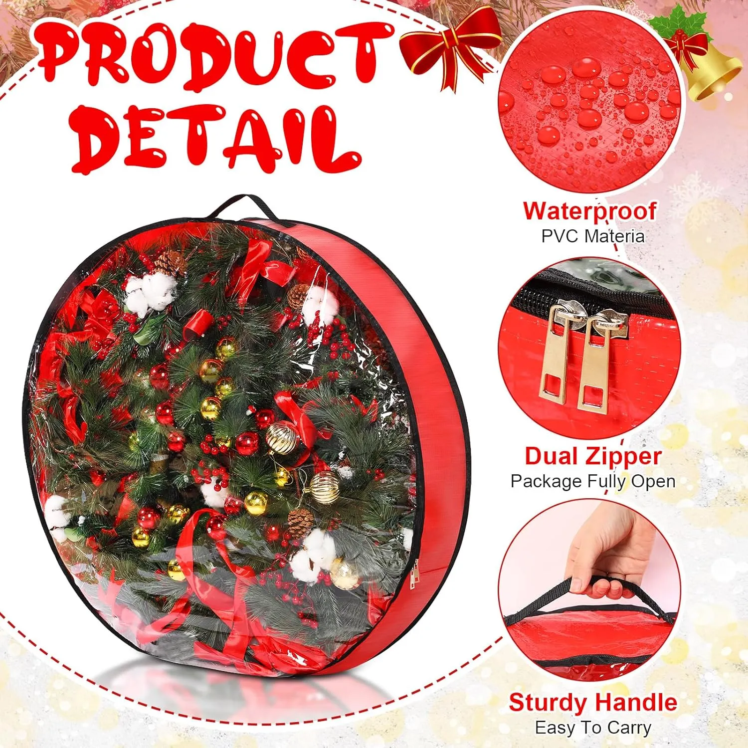 Aliceset 4 Pack Wreath Storage Containers, Storage Bags with Window and Handles, Durable Decoration Box Holder for Holiday(36 x 36 x 7.8 Inch,Red)