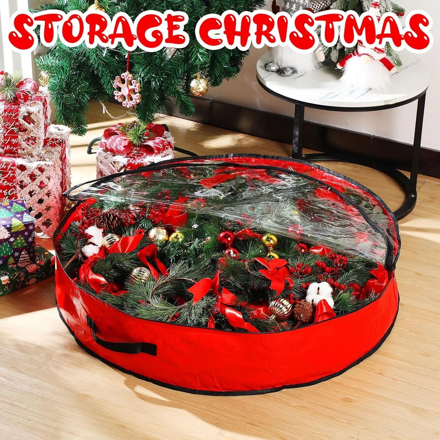 Aliceset 4 Pack Wreath Storage Containers, Storage Bags with Window and Handles, Durable Decoration Box Holder for Holiday(36 x 36 x 7.8 Inch,Red)