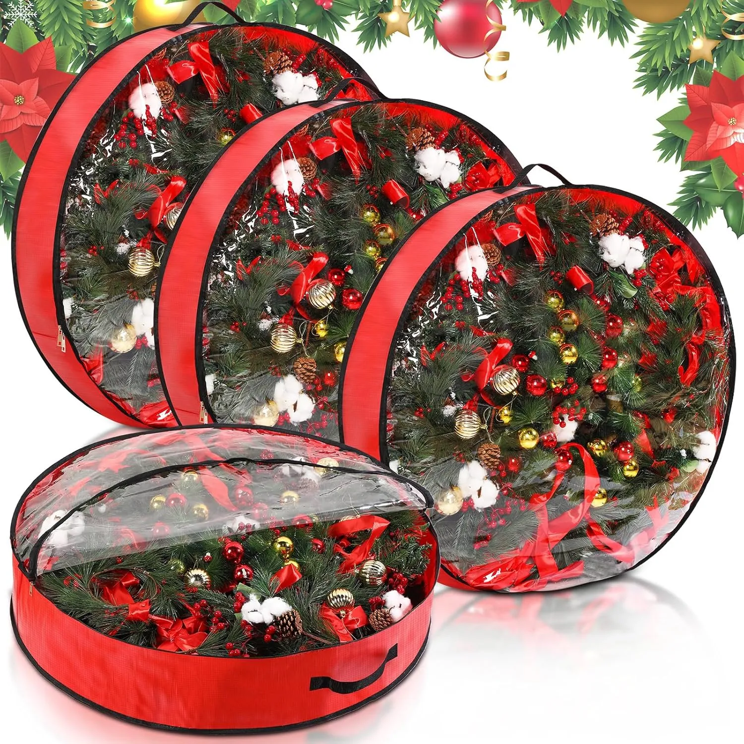 Aliceset 4 Pack Wreath Storage Containers, Storage Bags with Window and Handles, Durable Decoration Box Holder for Holiday(36 x 36 x 7.8 Inch,Red)
