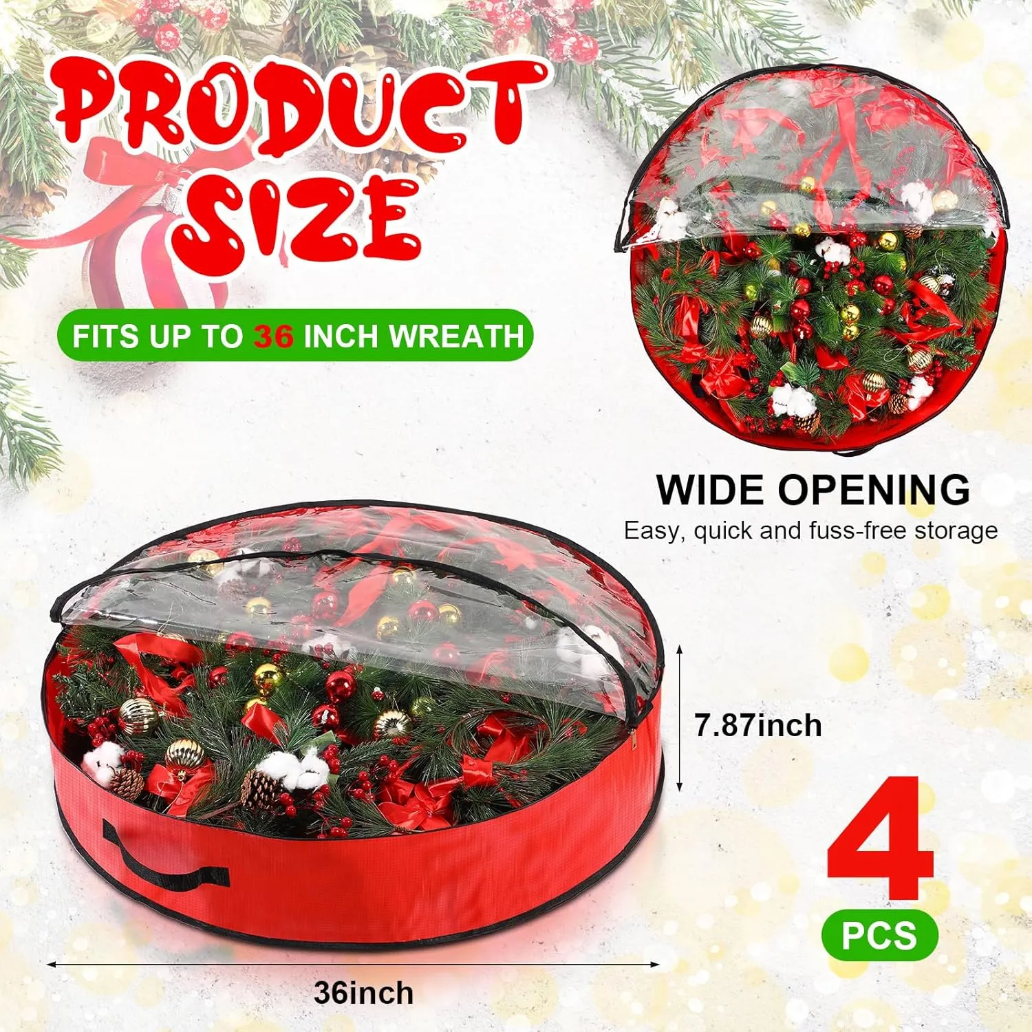 Aliceset 4 Pack Wreath Storage Containers, Storage Bags with Window and Handles, Durable Decoration Box Holder for Holiday(36 x 36 x 7.8 Inch,Red)