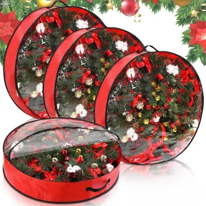 Aliceset 4 Pack Wreath Storage Containers, Storage Bags with Window and Handles, Durable Decoration Box Holder for Holiday(36 x 36 x 7.8 Inch,Red)
