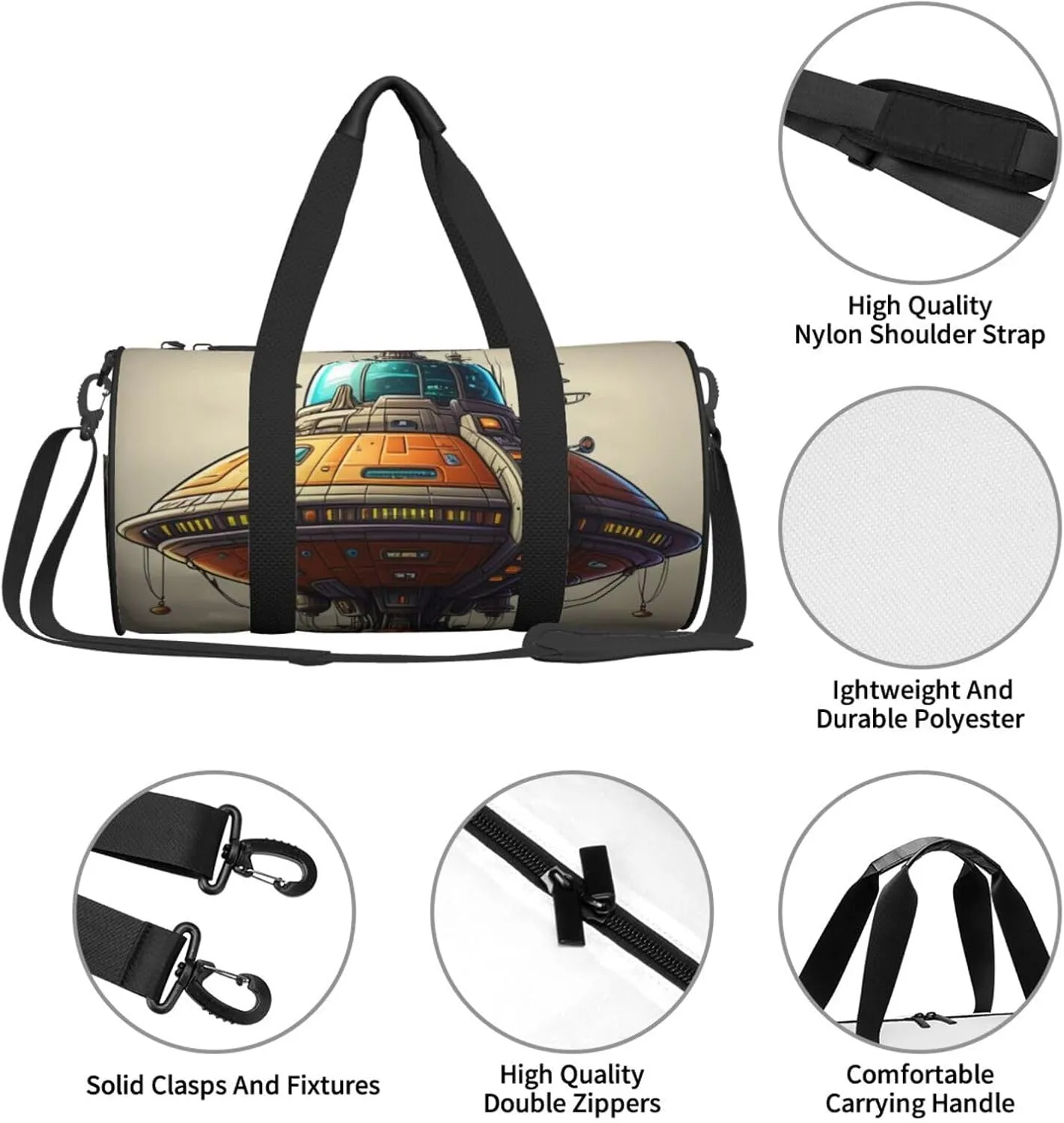 Alien Spaceship Printed Travel Bag,Round Personal Item Storage bag,Foldie Duffel Bag for Traveling Vacation,Fitness,Sports