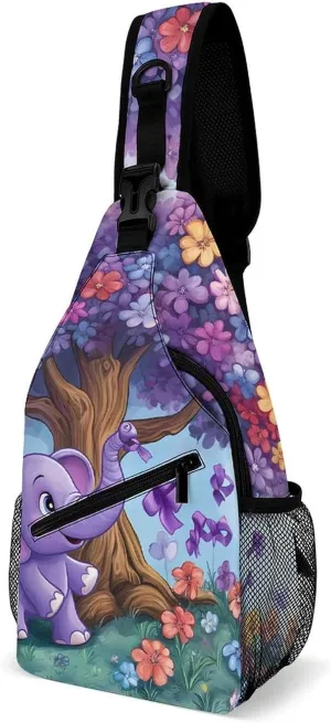Alzheimers Awareness Purple Ribbon Elephant Sling Backpack Multipurpose Crossbody Shoulder Bags Travel Chest Bag Hiking Daypack