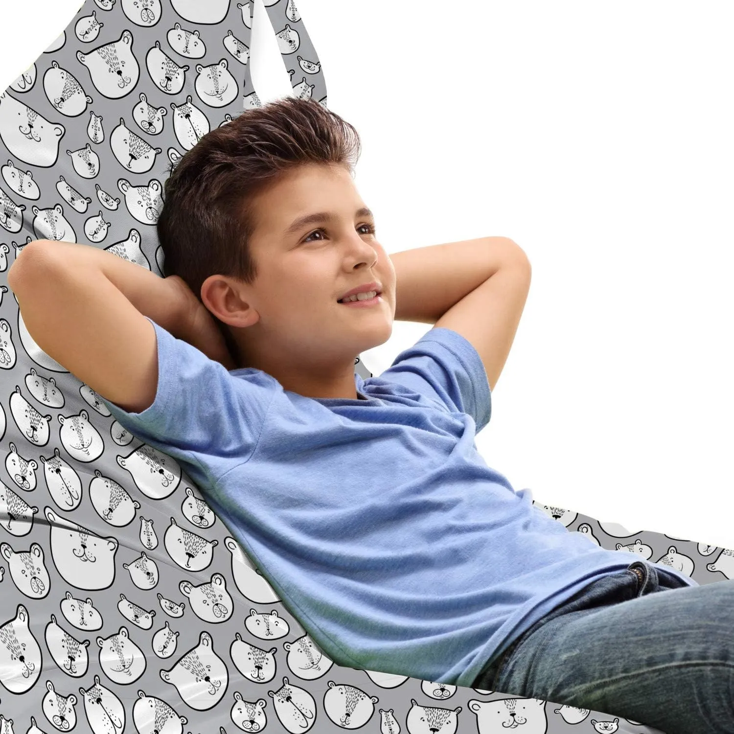 Ambesonne Bear Lounger Chair Bag, Scattered Chunky Teddy Bear Portraits Doodled on Greyscale Tone Backdrop, High Capacity Storage with Handle Container, Lounger Size, Charcoal Grey Pale Grey