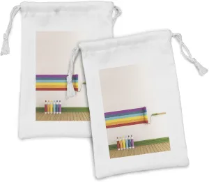 Ambesonne Colorful Fabric Pouch Set of 2, Modern Style Paintbrush on the Wall Colorful Stripes Handmade Like Layout, Small Drawstring Bag for Toiletries Masks and Favors, 9" x 6", Eggshell Multicolor