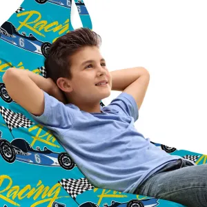 Ambesonne Race Car Lounger Chair Bag, Racing Cursive Calligraphy with Flags in Checkered Design and Sports Car, High Capacity Storage with Handle Container, Lounger Size, Blue and Multicolor