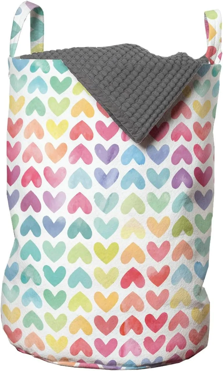 Ambesonne Watercolor Laundry Bag Pack of 2, Valentine's Day Theme Colorful Little Hearts Vibrant Paintbrush Effect, Hamper Basket with Handles Drawstring Closure, 13" x 19", Dark Blue