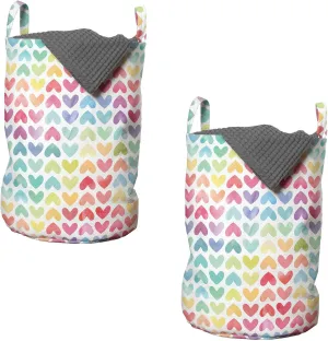 Ambesonne Watercolor Laundry Bag Pack of 2, Valentine's Day Theme Colorful Little Hearts Vibrant Paintbrush Effect, Hamper Basket with Handles Drawstring Closure, 13" x 19", Dark Blue