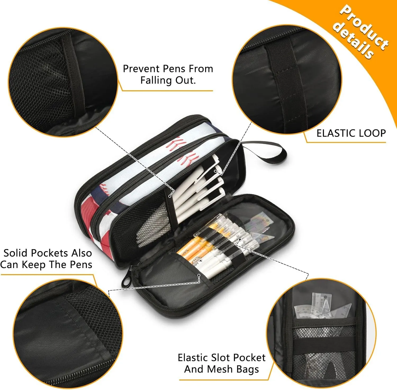 American flag baseball Large Capacity Pencil Case Pencil Pouch Office School Large Storage Pen Bag 3 Compartment pencil box for Adults School Teen Girl Boy Men Women