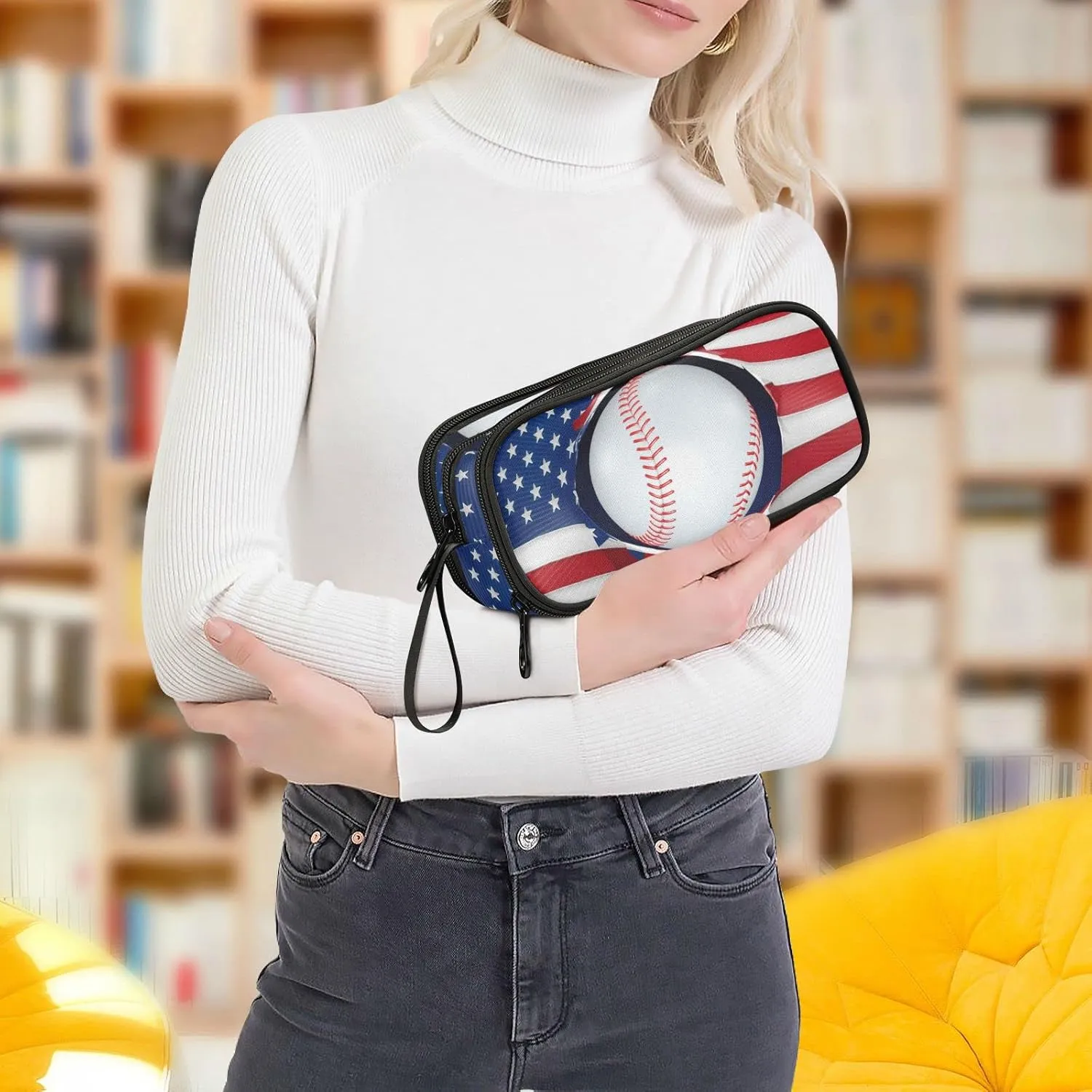 American flag baseball Large Capacity Pencil Case Pencil Pouch Office School Large Storage Pen Bag 3 Compartment pencil box for Adults School Teen Girl Boy Men Women