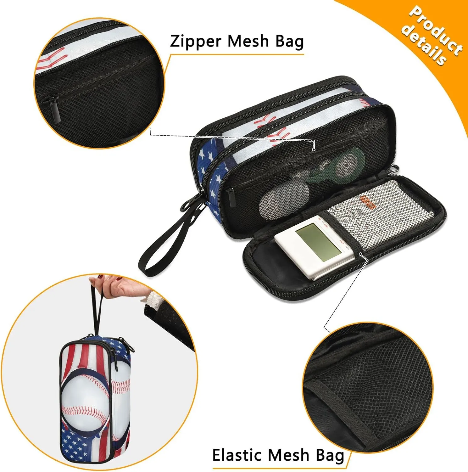 American flag baseball Large Capacity Pencil Case Pencil Pouch Office School Large Storage Pen Bag 3 Compartment pencil box for Adults School Teen Girl Boy Men Women